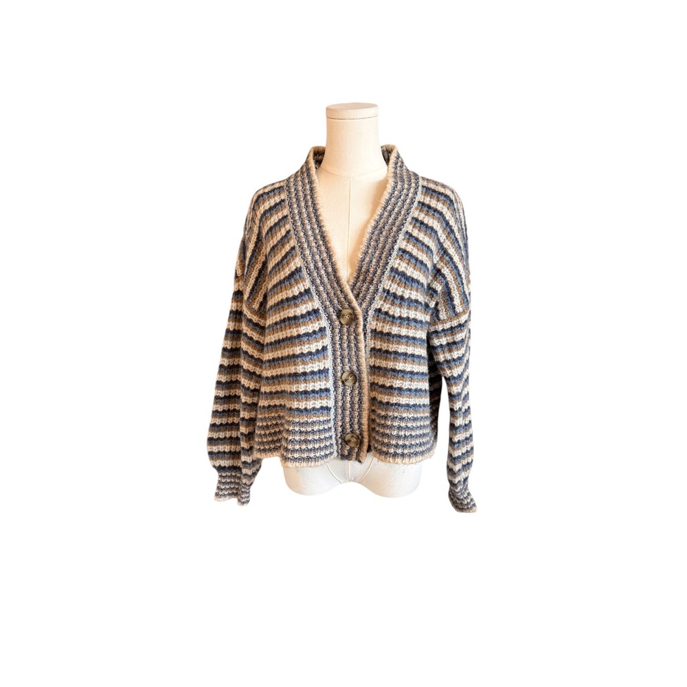 Madewell Striped Wool Blend Chunky Knit Cardigan Sweater Blue Tan Brown Size M